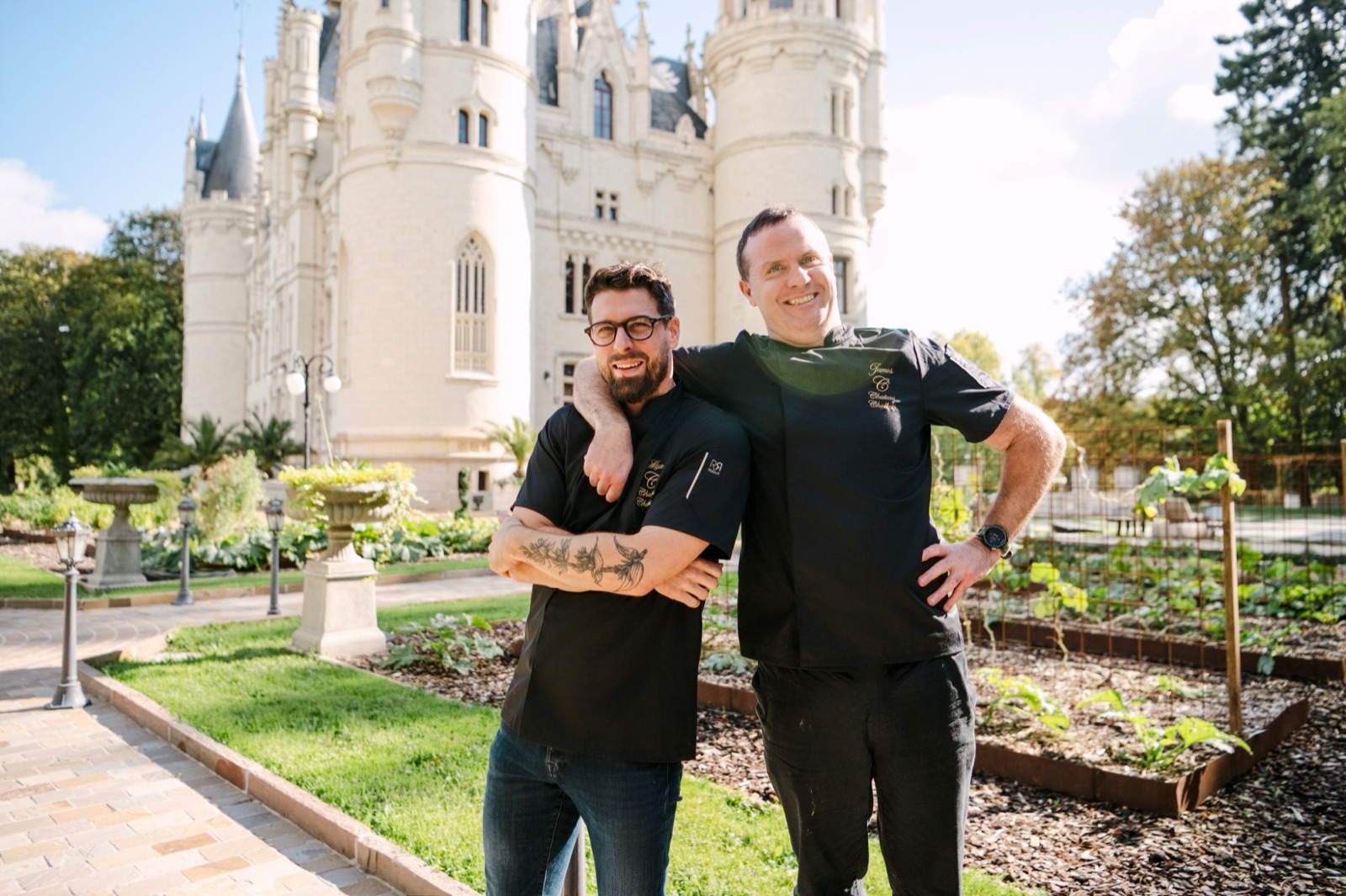 Chefs James and Max in the château's kitchen garden